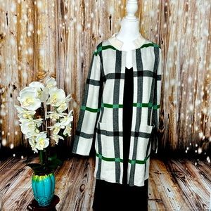 Tahari cardigan with pockets! White, with plaid, black, and green! XL